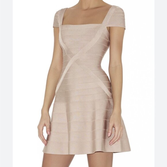 NWT Herve Leger Makayla Dress Rare Beige Nude Bandage XS NEW Mini - Picture 9 of 9